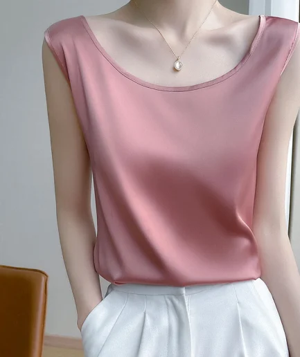 Summer Silk Camis Women's T Shirts Sleeveless Vest Satin Tank Tops Office Elegant Fashion O Neck Champagne BlouseTop Women
