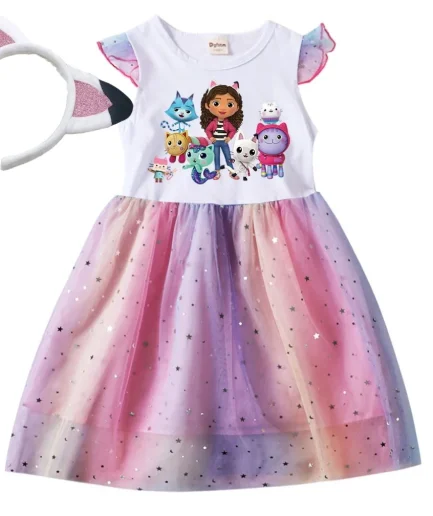 Baby Girls Dress Children Cartoon Mesh Star Sequins Princess Dress Kids Flying Sleeve Skirt For Daily Halloween Birthday Gift