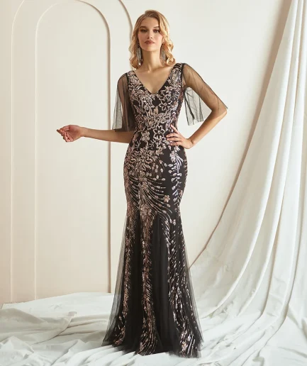 Elegant Sequin V-Neck Evening Dress Short Sheer Sleeves vestidos de festa Floor-Length Mermaid Gown Formal Events
