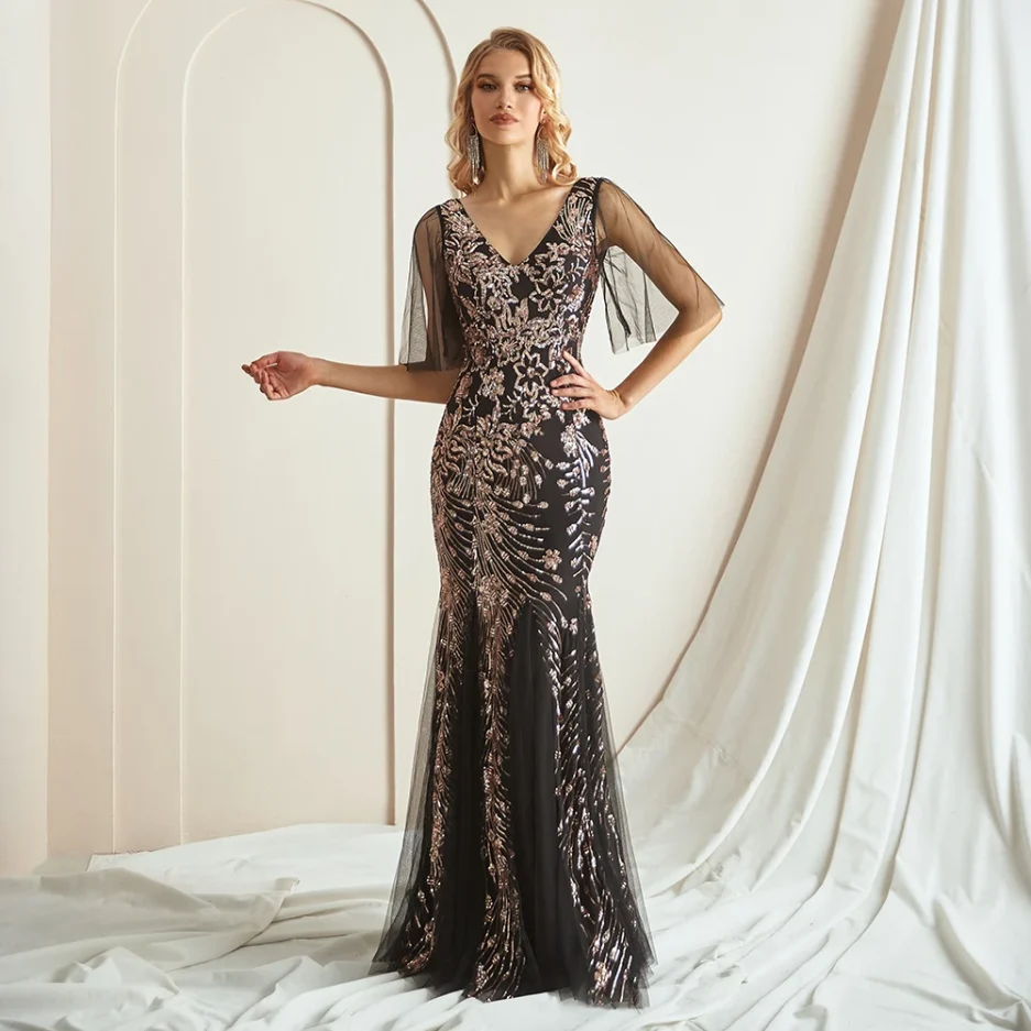Elegant Sequin V-Neck Evening Dress Short Sheer Sleeves vestidos de festa Floor-Length Mermaid Gown Formal Events