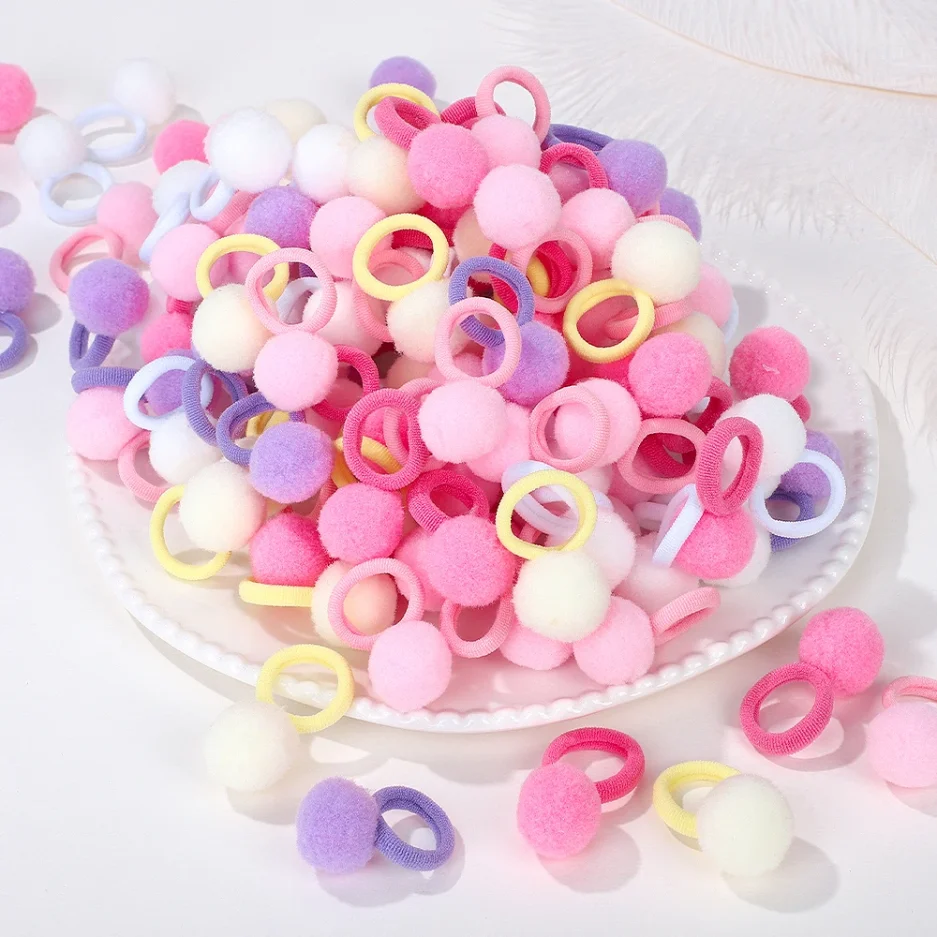 20pcs New Kids Elastic Hair Bands Girls Plush Ball Rubber Band Children Sweets Scrunchie Hair Ties Clip Baby Hair Accessories
