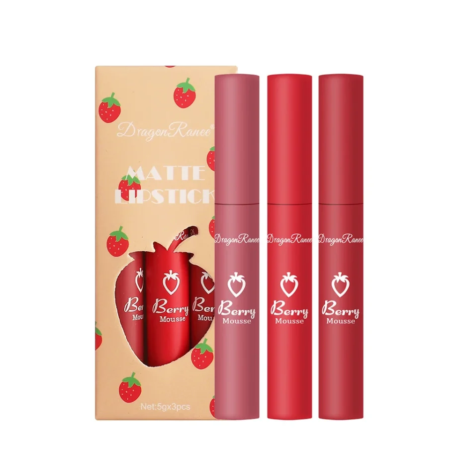 3 pcs Strawberry Lip Glaze Set Velvet Matte Liquid Lipstick Lipstick Non stick Cup - Image 2