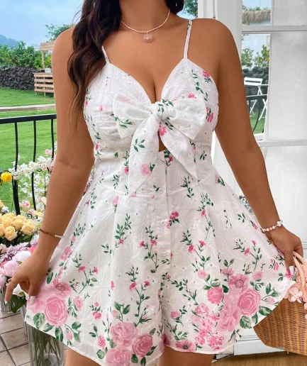 Plus Size Women's Elegant Dresses V-Neck Printed Loose Halter Dress 2025 New Seaside Beach Bow Neckline