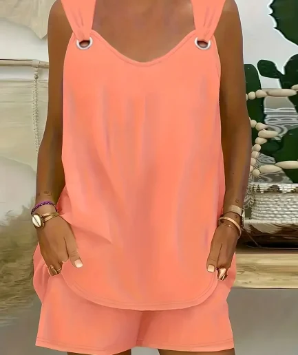 Plus Size 1XL-5XL Women’s Solid Chic Casual Crew Neck Tank Top Two-Piece Set Grommet Eyelet Detail Tshirt & Trendy Shorts