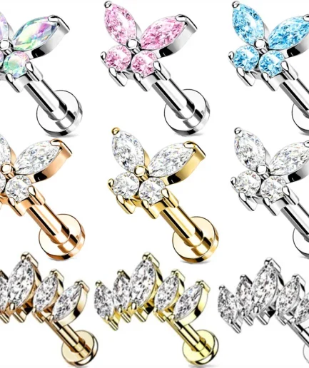 1PCS Butterfly Labret Piercing Lip Stud Cluster Crystal Tragus Earring Flat Cartilage Stud Earrings Zircon Lip Piercing Jewelry