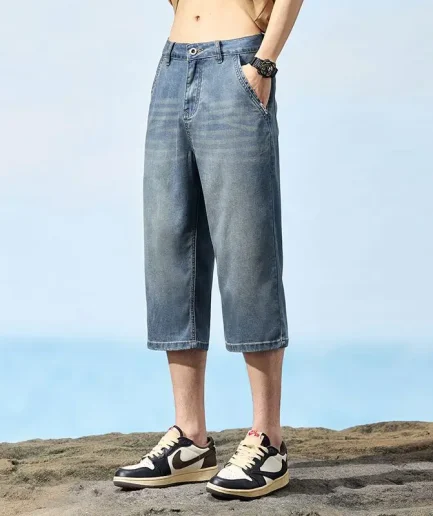 Summer Ultra-thin Lyocell Men's Jeans Calf-Length Loose Wide Legs Retro Washed Denim Shorts Pants Fashion Korean Man Clothes