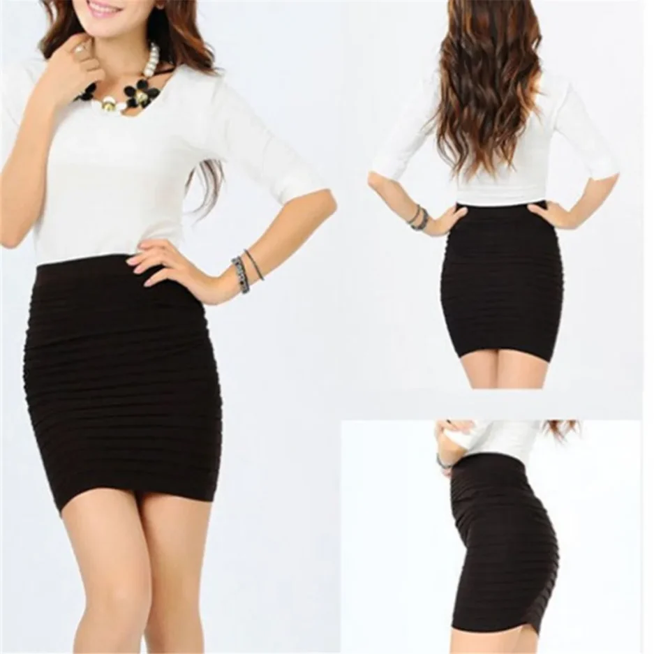 Summer Women High Waist Skirt Solid Color Elastic Pleated Skirt For Office Lady Draped Slim Mini Skirt Sexy Lady Pencil Skirts - Image 4