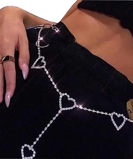 Rhinestone Body Chains Belt Crystal Waist Chains Heart Pendant Summer Beach Waist Body Jewelry Festival Belt Belly Jewelry Women
