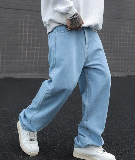 New Men's Cotton Baggy Y2K Jeans Fashion Male Clothes Elastic Waist Washed Wide Leg Pants Solid Straight Loose Denim Trousers