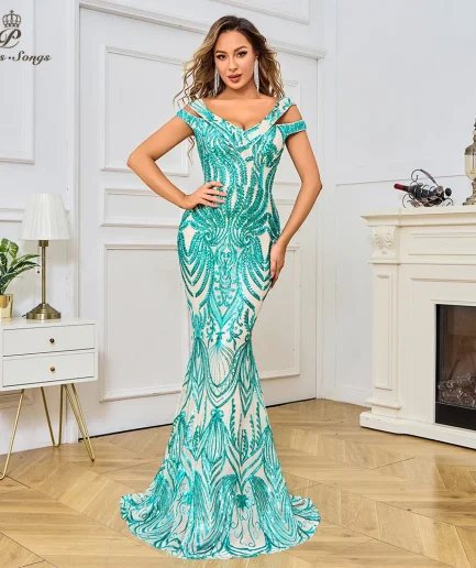 Luxurious Sequin Off-Shoulder Mermaid Evening Dress vestidos de festa Sleeveless Floor-Length Gown Formal Events