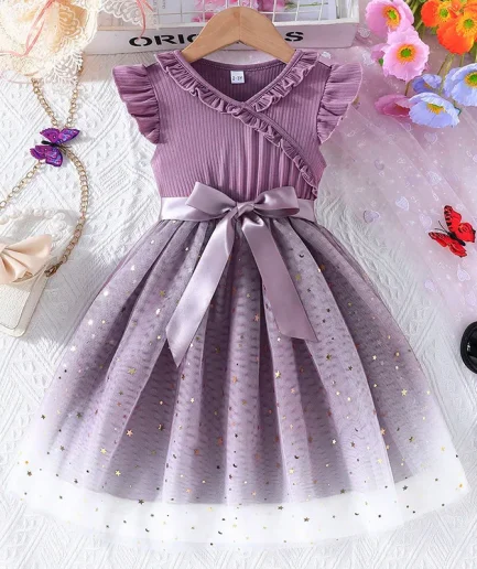 New Children's Dress for 3-8 Yrs Summer Dress Lotus Leaf Edge Design Bow Lace Up Star Sequin Sweet Tulle Kids Dresses for Girls