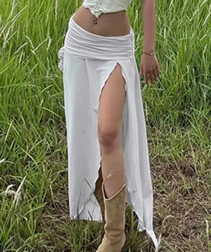 Fairycore Ruched Waist Side Split Long Skirt Beach Holiday Women's Summer Low Waist Skirt Solid Color Y2K Vintage Streetwear
