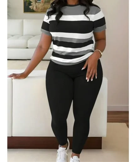 Plus Size 1XL-5XL Two Sets of Women's Fashionable Striped Printed Top & Casual Solid Color Pants