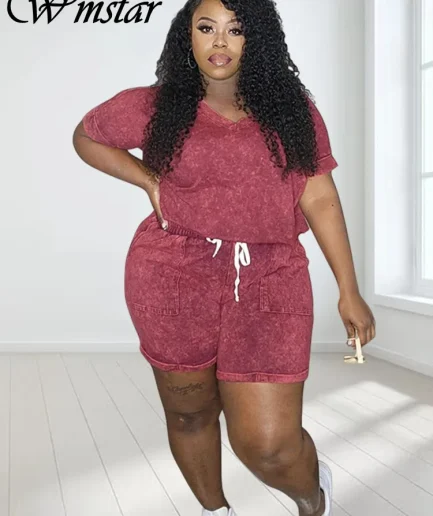 Wmstar Plus Size Two Piece Outfits Women Clothing Shorts Sets Solid Casual Tops and Pants Matching Set Wholesale Dropshopping
