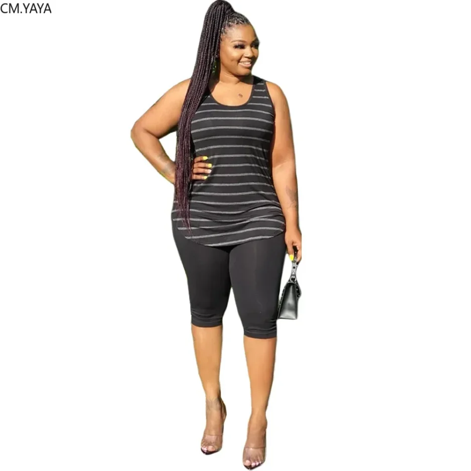 CM.YAYA Women Plus Size XL-5XL Sport two piece set Tracksuit Striped Tank Tops Knee Length jogger Suit Sweatpants Matching Set - Image 2