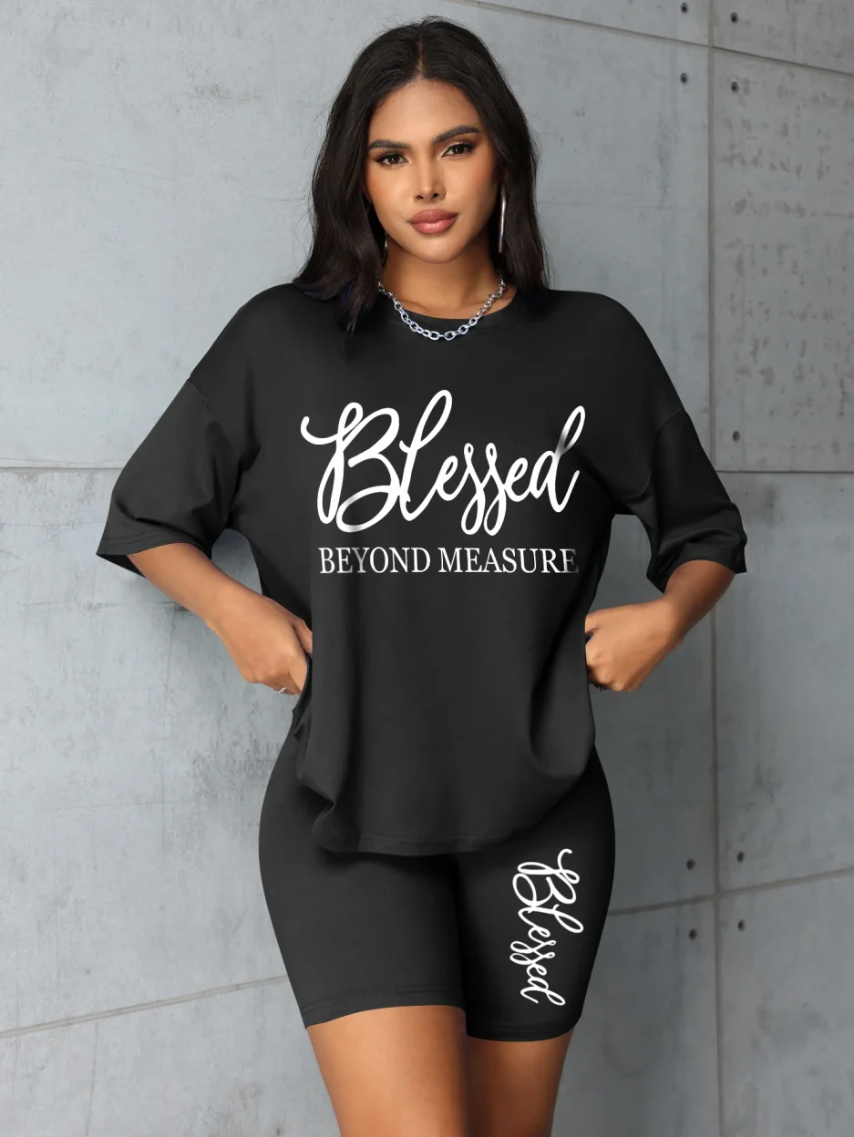 Plus size sets for women Summer 2 pieces Blessed printed offers and liquidation everything cheap elegant women's sets Short sets - Image 4