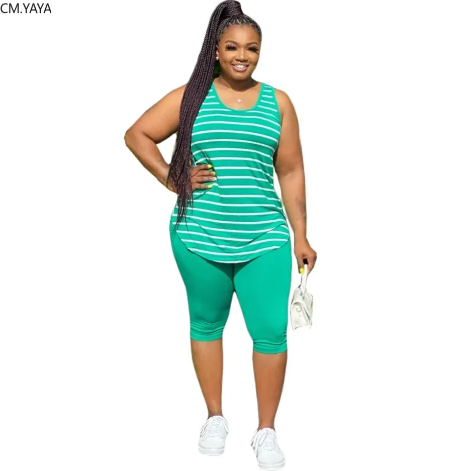 CM.YAYA Women Plus Size XL-5XL Sport two piece set Tracksuit Striped Tank Tops Knee Length jogger Suit Sweatpants Matching Set - Image 5