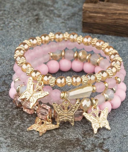 4Pcs Trendy Butterfly Beaded Bracelet Set For Women Pink Acrylic Beads Elastic Chain Bangle Female Bohemian Party Jewelry Gift