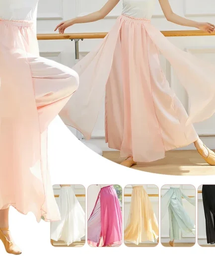 2 Layers Women Dance Culottes Pant Chiffon Satin Elegant Skirt Body Rhyme Trousers Loose Long High Elastic Waisted Design