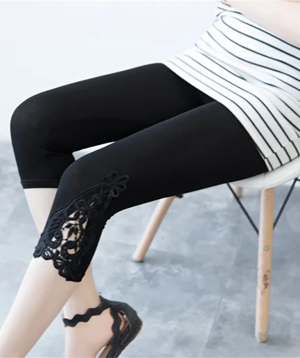 Female Slim Fitting Lace Outer Bottoming Seventh Trousers Casual Comfortable Breathable Black White Gray Summer Versatile Pants