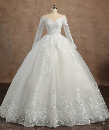 Real video Ball Gown Off Shoulder Wedding Dresses Full Sleeve Sweetheart Lace Appliqus Bead Wedding Dresses For Women 2024 New