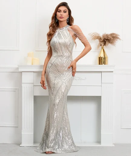 YIDINGZS Elegant Off Shoulder Silver Sequin Evening Dress Women New Party Maxi Dress Long Prom Dress 18126
