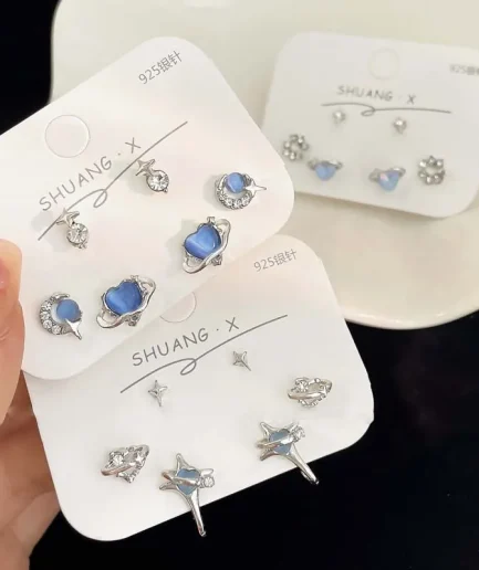Fashion Blue Crystal Planet Heart Stud Earrings Set for Women Exquisite Sweet Zircon Pentagram Cross Earrings Jewellery Gifts