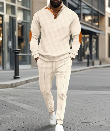 Mens Waffle Thermal Two Piece Set Stand Collar Long Sleeve Sweatshirt Pants Autumn Winter Cold Weather Warm Casual Outfit Daily
