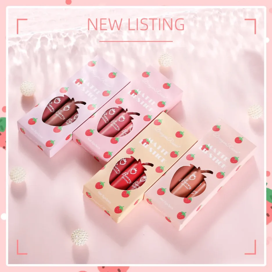 3 pcs Strawberry Lip Glaze Set Velvet Matte Liquid Lipstick Lipstick Non stick Cup - Image 3