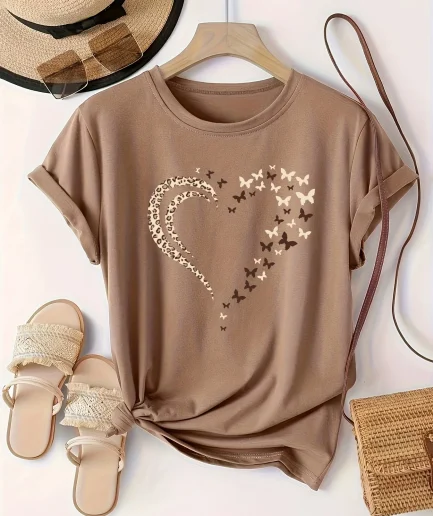 Summer Women's Plus Size T-Shirt Original Design Fashion Flower Butterfly Love Print Women's Casual Crew Neck Short Sleeved Tops