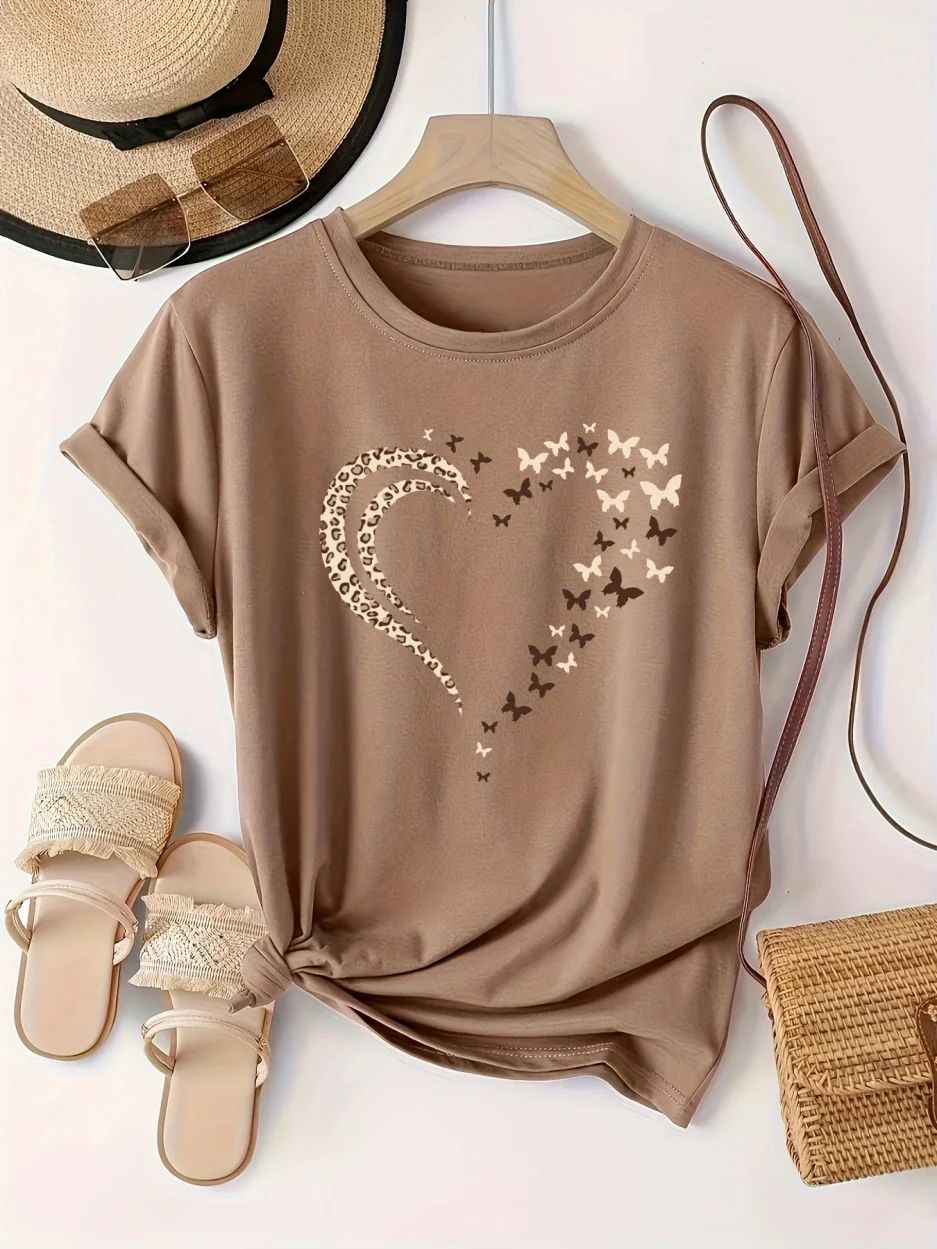 Summer Women's Plus Size T-Shirt Original Design Fashion Flower Butterfly Love Print Women's Casual Crew Neck Short Sleeved Tops