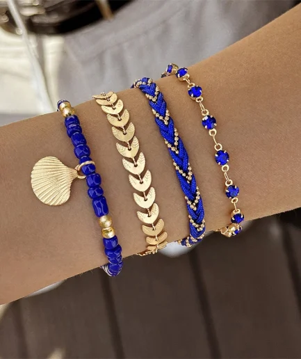 4pcs/set Bohemia Shell Bracelets for Women Ethnic Style Colorful Zircon Rice Beads Metal Chain Bangles Girl Summer Beach Jewelry