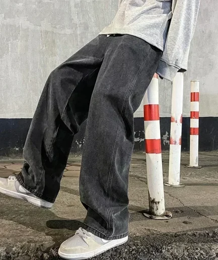 2024 New Streetwear Loose Jeans Men Korean Style Fashion Loose Straight Wide Leg Pants Men's Brand Clothing Black Light Blue