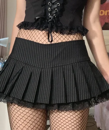Women Mini Pleated Skirts Gothic Punk Mid Waist Stripe Print Lace Ruffle Harajuku School Zip Up Short Skirt Y2K Mini Skirts