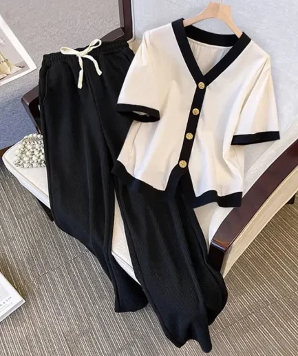 Plus Size Summer Short Sleeves One-piece Fashionable Age-reducing Slimming Body Shaping Casual Bell Bottoms Two-piece Suit