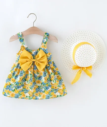 2Pcs/Set Flowers Baby Girl Dresses Summer Fashion Toddler Children Clothes Beach Smooth Dress Kid's Costume Hat 0 To 3 Y