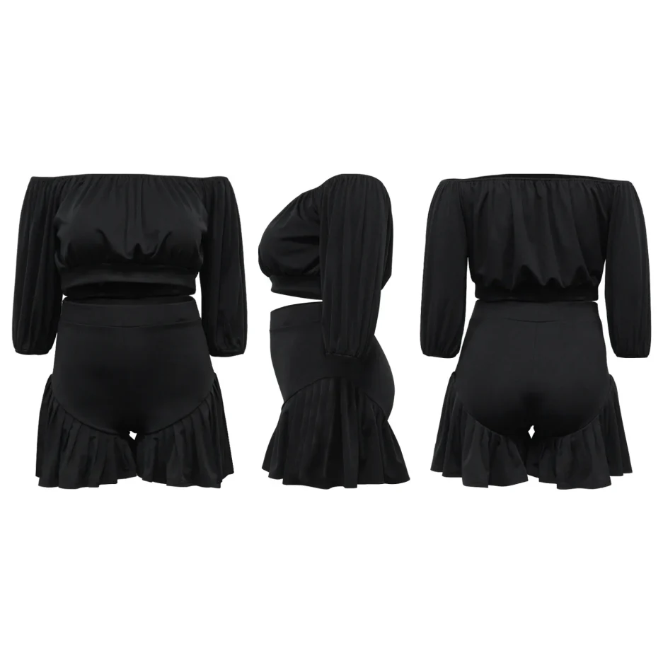 CM.YAYA Plus Size Women's Set Long Sleeve Slash Neck T-Shirt and Shorts 2025 Summer Ruched Two 2 Piece Set Outfits Tracksuit - Image 5