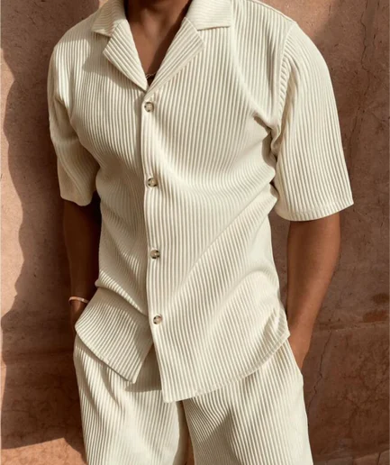 Spring/Summer suit Solid color corduroy shorts sleeve shirt and shorts stretch beach casual suit