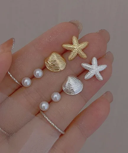 4Pcs Sweet Pearl Starfish Stud Earrings for Women Simple Metal Shell Earrings Set Trend Elegant Exquisite Light Luxury Jewelry