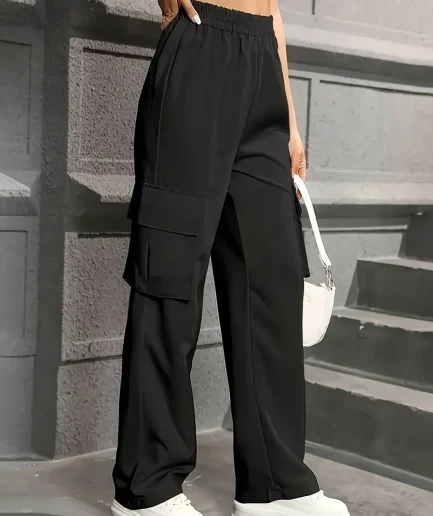 Elastic Waist Fashionable Workwear Pants High Waist Wide Leg Pants Loose Solid Color Casual Sports Pants WOMEN'S Sportswear
