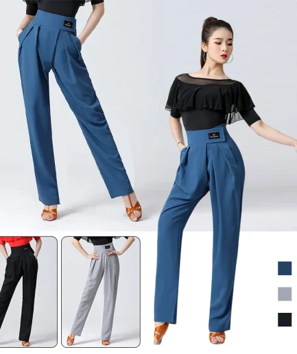 Women Latin Modern Ballroom Dance Professional Tightened Cuff Design Pants/trousers High Waist Lady Pants with Pocket