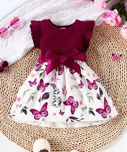 Baby Girl Butterfly and Plant Polka Dot Print Ruffle Sleeve Belt Dress + Ribbon