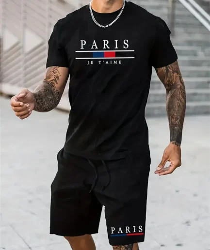 2024 New Fashion Design Men's T-Shirt Men's Sports Drawstring Shorts Simple Printed Men's 2-Piece Summer Gym Breathable Suit