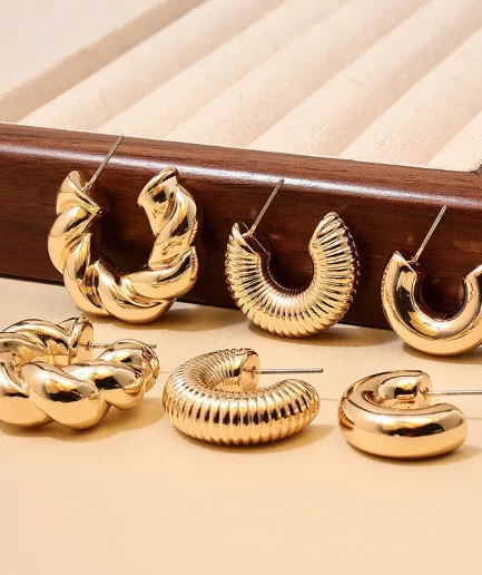 6Pcs/set Vintage Metal C Shape Earrings for Women Girl Minimalism Gold Silver Color Round Thick Chunky Huggie Earrings Jewelry