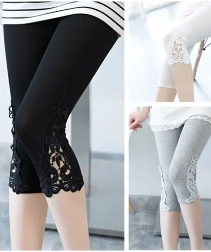 Women Summer Hollow Lace Stretch Leggings Sports Fitness Skinny Pants Crop 3/4 Length Leggings Capris Cropped Modal Pant