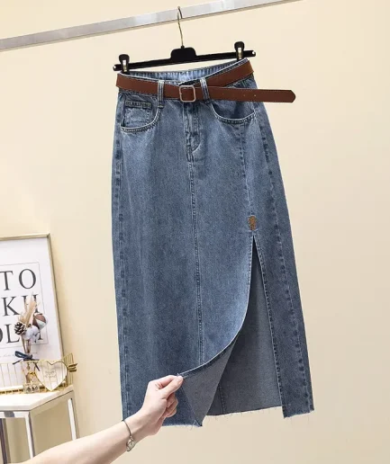 Clearance Sale: High-Waisted Embroidered Denim Skirt Women's Summer A- Line Side Slit Specialty Store Clothing