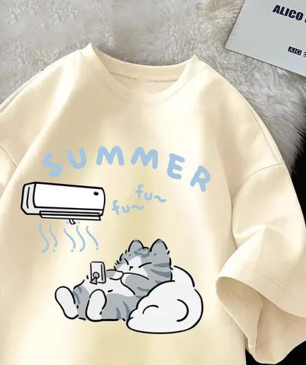 Summer Japanese Cartoon Cute Cat Fun Print Short Sleeve T-shirt Women's Loose Casual Half Sleeve Soft Bottom Plus Size Shirt Top