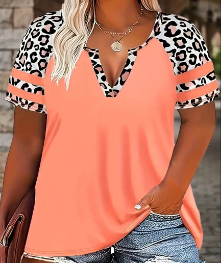 Plus Size Women's Casual Loose Fit Leopard Floral Print Short Sleeve T-Shirt | Oversized Summer Top