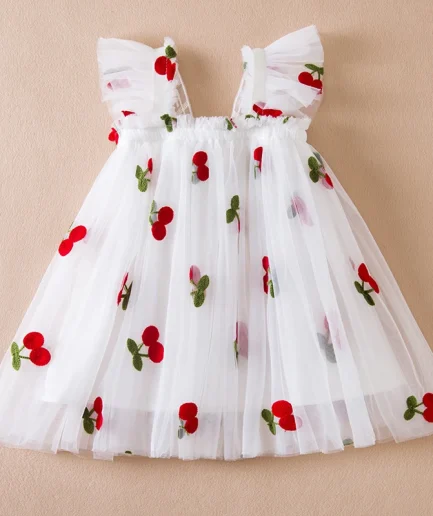 Summer New Girls' Little Flying Sleeve Dress Children's Bow Strawberry Embroidery Mesh Princess Dress Baby Girl Dress for 1-5Yrs