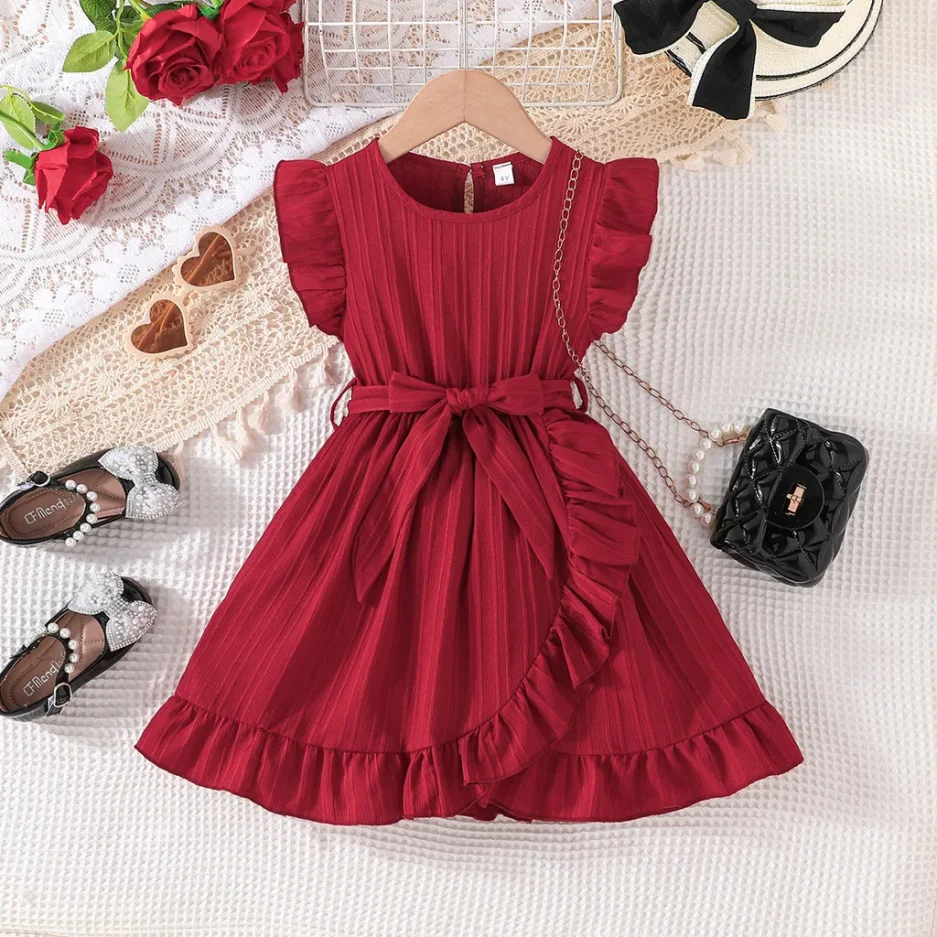 Summer Kids Dresses for Girls Ruffle Sleeve Birthday Party Clothes Solid Color Sweet Princess Dress Children Holiday Wear 3-8Yrs - Image 5